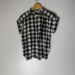 Loft L‎ Gingham Dolman Henley Short Sleeve 1/2 Button Collar Top Black White